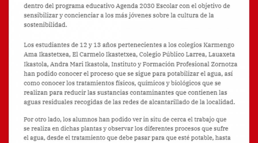 Karmengo Ama Ikastetxeak Eskola Agenda 2030 hezkuntza programa sustatzen du irteeren eta txangoen bidez